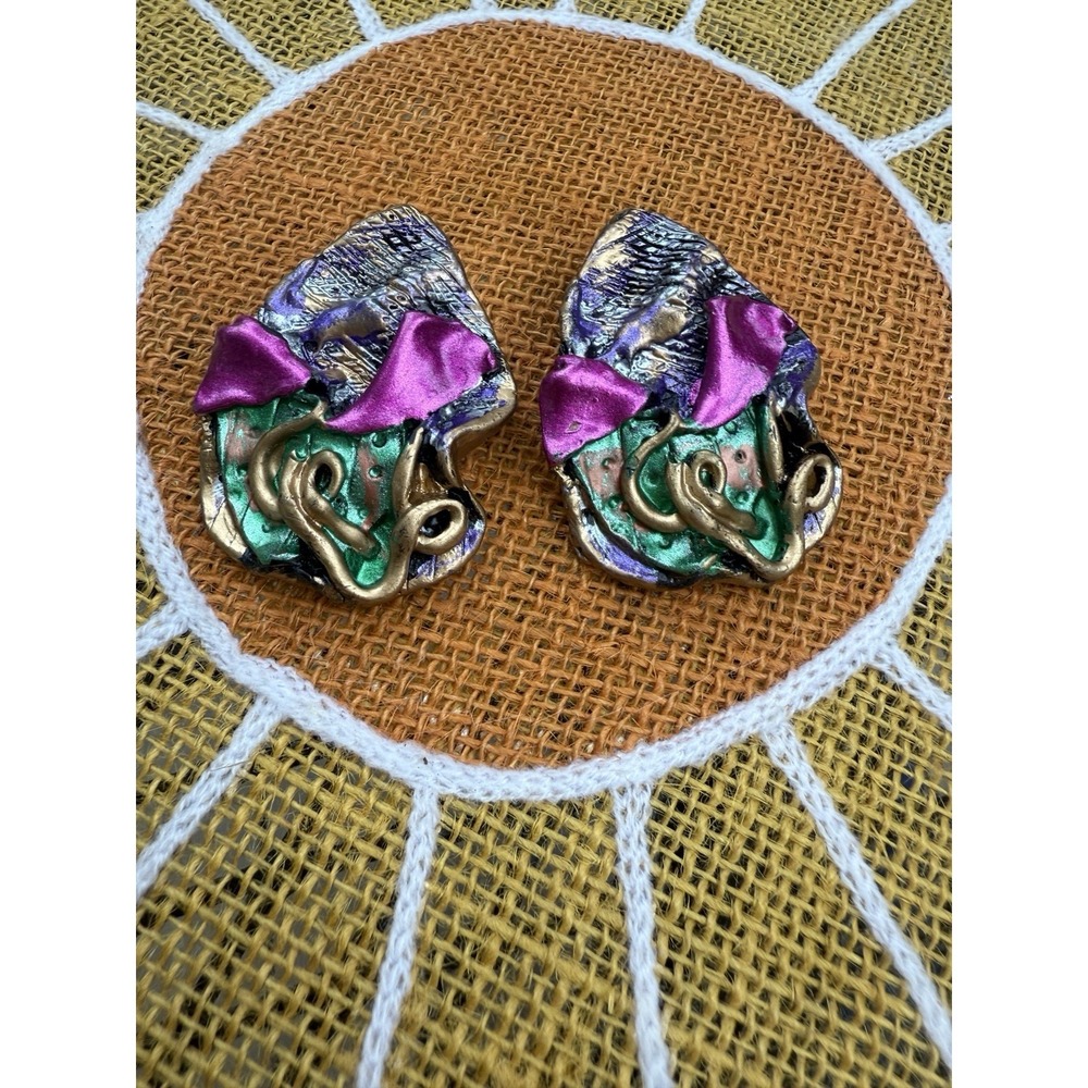 Vtg Mixed Media UNIQUE ABSTRACT ART GEOMETRIC CLIP EARRINGS FASHION 80's